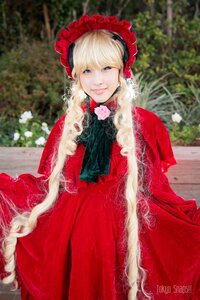 Rating: Safe Score: 0 Tags: 1girl artist_name bangs blonde_hair blue_eyes blurry blurry_background bonnet depth_of_field dress flower long_hair looking_at_viewer photo red_dress rose shinku solo User: admin