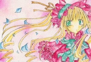 Rating: Safe Score: 0 Tags: 1girl blonde_hair bow dress drill_hair flower frills image long_hair looking_at_viewer marker_(medium) ribbon shinku solo traditional_media upper_body watercolor_(medium) User: admin