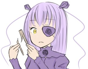 Rating: Safe Score: 0 Tags: 1girl bangs barasuishou blush closed_mouth eyepatch hair_ornament holding image long_hair long_sleeves purple_hair ribbon solo striped upper_body white_background yellow_eyes User: admin