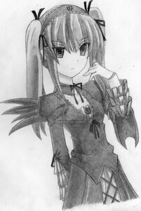 Rating: Safe Score: 0 Tags: 1girl choker dress greyscale hair_ribbon hairband image lolita_hairband long_hair long_sleeves looking_at_viewer monochrome ribbon solo standing suigintou traditional_media twintails wings User: admin