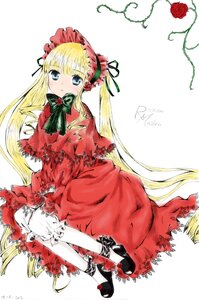 Rating: Safe Score: 0 Tags: 1girl blonde_hair bloomers blue_eyes bonnet bow bowtie capelet dress flower full_body image long_hair long_sleeves looking_at_viewer red_dress red_flower red_rose rose shinku shoes sitting solo twintails underwear very_long_hair white_background User: admin