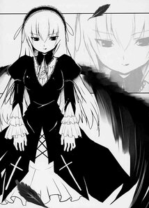 Rating: Safe Score: 0 Tags: 1girl doujinshi doujinshi_#9 dress eyebrows_visible_through_hair flower frills greyscale hairband image long_hair long_sleeves looking_at_viewer monochrome multiple rose simple_background smile solo standing suigintou very_long_hair wings User: admin