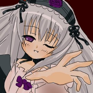 Rating: Safe Score: 0 Tags: 1girl blush dress flower frills hairband image long_hair long_sleeves looking_at_viewer one_eye_closed purple_eyes rose silver_hair smile solo suigintou User: admin