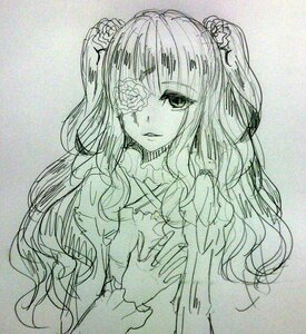 Rating: Safe Score: 0 Tags: 1girl auto_tagged dress eyepatch flower image kirakishou long_hair long_sleeves looking_at_viewer monochrome solo traditional_media two_side_up upper_body User: admin