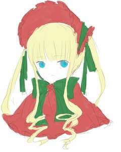 Rating: Safe Score: 0 Tags: 1girl bangs blonde_hair blue_eyes bow bowtie capelet closed_mouth dress drill_hair flower green_bow image long_hair long_sleeves looking_at_viewer rose shinku sidelocks simple_background solo twintails upper_body white_background User: admin