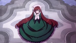 Rating: Safe Score: 0 Tags: 1girl brown_hair dress frills green_dress heterochromia image long_hair long_sleeves looking_at_viewer red_eyes solo suiseiseki very_long_hair User: admin