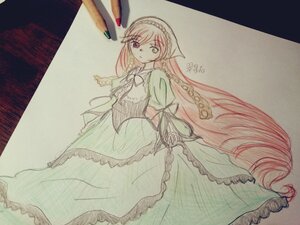 Rating: Safe Score: 0 Tags: 1girl braid dress frills green_dress heterochromia image long_hair long_sleeves looking_at_viewer pink_hair red_eyes solo suiseiseki traditional_media very_long_hair User: admin