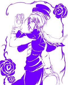 Rating: Safe Score: 0 Tags: 1girl blue_rose dress flower image long_sleeves looking_back monochrome pink_rose purple_flower purple_rose purple_theme rose short_hair solo souseiseki thorns User: admin