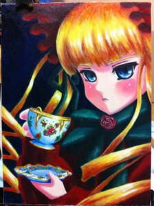 Rating: Safe Score: 0 Tags: 1girl bangs blonde_hair blue_eyes blush cup flower image looking_at_viewer marker_(medium) pink_rose red_flower red_rose rose shinku solo traditional_media upper_body User: admin