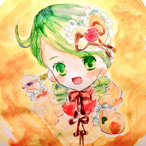 Rating: Safe Score: 0 Tags: 1girl :d flower full_body green_eyes green_hair hat image kanaria open_mouth rose smile solo traditional_media watercolor_(medium) User: admin