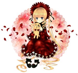 Rating: Safe Score: 0 Tags: 1girl blonde_hair blue_eyes blush bonnet dress flower image long_hair long_sleeves looking_at_viewer petals red_dress rose rose_petals shinku sitting solo twintails very_long_hair User: admin