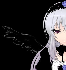 Rating: Safe Score: 0 Tags: 1girl black_background black_wings blue_rose dress feathered_wings feathers flower hairband image long_hair looking_at_viewer rose silver_hair simple_background solo suigintou wings User: admin