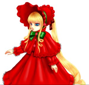 Rating: Safe Score: 0 Tags: 1girl blonde_hair blue_eyes bonnet bow bowtie capelet dress flower green_bow image long_hair long_sleeves looking_at_viewer red_capelet red_dress rose shinku simple_background solo standing twintails white_background User: admin