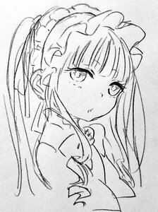 Rating: Safe Score: 0 Tags: 1girl bangs blunt_bangs dress greyscale image long_hair looking_at_viewer monochrome shinku sidelocks simple_background sketch solo traditional_media upper_body User: admin