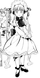 Rating: Safe Score: 0 Tags: 2girls bonnet dress frills greyscale hat image long_hair long_sleeves monochrome multiple_girls ribbon shinku solo standing twintails very_long_hair User: admin