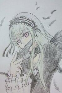 Rating: Safe Score: 0 Tags: 1girl bird black_wings dress feathered_wings feathers frilled_sleeves frills hairband image long_hair long_sleeves looking_at_viewer monochrome ribbon rose solo suigintou traditional_media wings User: admin