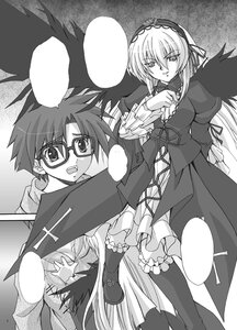 Rating: Safe Score: 0 Tags: 1boy 1girl boots comic dress frills glasses greyscale hairband image knee_boots long_hair long_sleeves monochrome solo speech_bubble suigintou very_long_hair wings User: admin