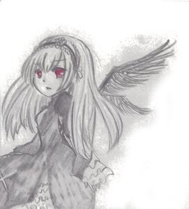 Rating: Safe Score: 0 Tags: 1girl bangs black_wings dress frills hairband image long_hair long_sleeves looking_at_viewer looking_back monochrome red_eyes solo suigintou very_long_hair white_background wings User: admin