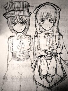 Rating: Safe Score: 0 Tags: 2girls dress hat image long_hair long_sleeves looking_at_viewer monochrome multiple_girls pair ribbon short_hair siblings sisters smile souseiseki standing suiseiseki User: admin