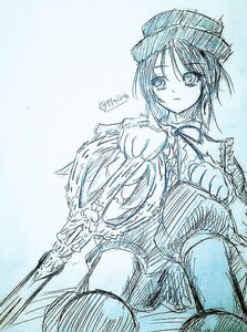 Rating: Safe Score: 0 Tags: 1girl blue_background blue_theme closed_mouth eyebrows_visible_through_hair hat holding image long_sleeves monochrome sketch solo souseiseki twitter_username weapon User: admin