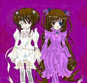 Rating: Safe Score: 0 Tags: 2girls boots brown_hair costume_switch dress eyepatch flower frills holding_hands image long_hair long_sleeves multiple_girls red_eyes rose twins twintails User: admin