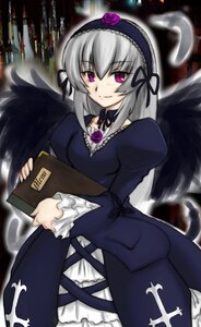 Rating: Safe Score: 0 Tags: 1girl black_wings dress feathers flower frilled_sleeves frills hairband holding image juliet_sleeves lolita_hairband long_hair long_sleeves looking_at_viewer pink_eyes puffy_sleeves silver_hair smile solo suigintou wings User: admin