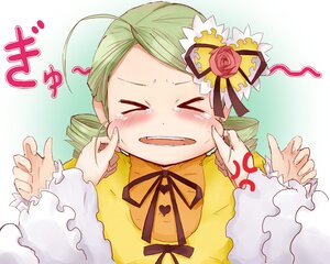 Rating: Safe Score: 0 Tags: 1girl ahoge blush cheek_pinching closed_eyes crying drill_hair flower green_hair hair_ornament image kanaria open_mouth pinching rose solo tears User: admin