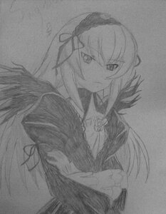 Rating: Safe Score: 0 Tags: 1girl closed_mouth dress flower greyscale hairband image long_hair long_sleeves looking_at_viewer monochrome rose solo suigintou traditional_media upper_body User: admin