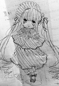 Rating: Safe Score: 0 Tags: 1girl bangs dress eyebrows_visible_through_hair flower greyscale image long_hair looking_at_viewer monochrome shinku shoes solo standing twintails very_long_hair User: admin