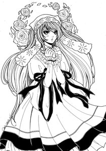 Rating: Safe Score: 0 Tags: 1girl blush dress flower frills greyscale image long_hair long_sleeves monochrome ribbon rose solo suiseiseki thorns very_long_hair User: admin