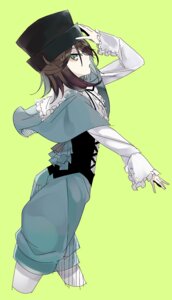 Rating: Safe Score: 0 Tags: 1girl brown_hair capelet green_background green_eyes hat image long_sleeves looking_at_viewer pants short_hair simple_background solo souseiseki User: admin