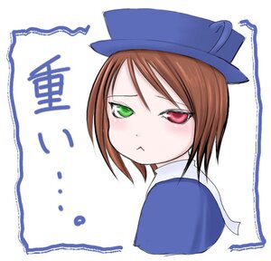 Rating: Safe Score: 0 Tags: 1girl angry blue_dress blue_headwear blush brown_hair green_eyes hat heterochromia image looking_at_viewer pout red_eyes short_hair simple_background solo souseiseki upper_body white_background User: admin