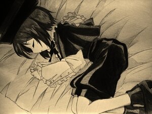 Rating: Safe Score: 0 Tags: 1girl bed_sheet capelet closed_eyes frills hat image long_sleeves lying monochrome on_side pillow profile short_hair sleeping solo souseiseki traditional_media User: admin