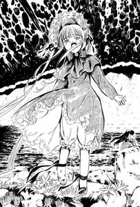 Rating: Safe Score: 0 Tags: 1girl bloomers dress frills greyscale hairband image long_hair long_sleeves monochrome open_mouth shinku solo standing User: admin