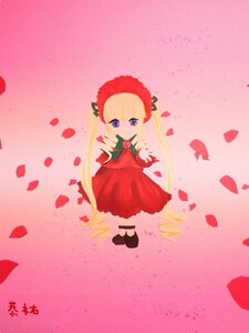 Rating: Safe Score: 0 Tags: 1girl blonde_hair blue_eyes bonnet bow bowtie dress flower image long_hair long_sleeves looking_at_viewer petals red_dress rose rose_petals shinku solo User: admin