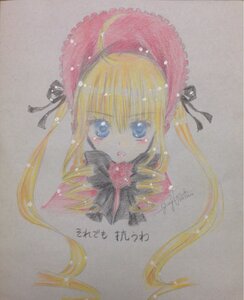Rating: Safe Score: 0 Tags: 1girl artist_name bangs blonde_hair blue_eyes blush bonnet bow bowtie colored_pencil_(medium) drill_hair eyebrows_visible_through_hair image long_hair looking_at_viewer marker_(medium) open_mouth photo portrait shinku signature simple_background solo traditional_media twin_drills twintails watercolor_(medium) white_background User: admin