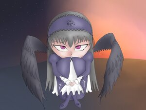 Rating: Safe Score: 0 Tags: 1girl black_hair black_wings chibi dress feathered_wings feathers frills hairband image long_hair long_sleeves purple_eyes solo star_(sky) starry_sky suigintou wings User: admin