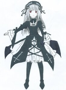 Rating: Safe Score: 0 Tags: 1girl bangs dress frills full_body hairband image lolita_hairband long_hair long_sleeves looking_at_viewer monochrome red_eyes ribbon rose solo suigintou wings User: admin