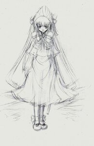 Rating: Safe Score: 0 Tags: 1girl dress full_body image long_hair long_sleeves looking_at_viewer monochrome shinku sketch solo standing twintails very_long_hair User: admin