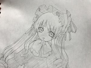 Rating: Safe Score: 0 Tags: 1girl bonnet bow bowtie dress flower greyscale hat image long_hair long_sleeves looking_at_viewer monochrome rose shinku solo traditional_media upper_body User: admin