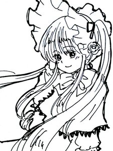 Rating: Safe Score: 0 Tags: 1girl bangs blush bonnet dress eyebrows_visible_through_hair flower frills greyscale hair_flower hair_ornament image long_hair monochrome rose shinku sidelocks simple_background smile solo twintails upper_body white_background User: admin