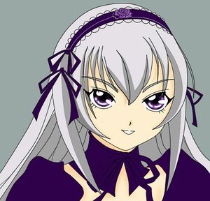 Rating: Safe Score: 0 Tags: 1girl black_ribbon face hair_ribbon hairband image long_hair looking_at_viewer parted_lips purple_eyes ribbon silver_hair simple_background smile solo suigintou User: admin