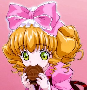 Rating: Safe Score: 0 Tags: 1girl blonde_hair bow dress drill_hair eating food green_eyes hina_ichigo hinaichigo image pink_background pink_bow puffy_sleeves simple_background solo User: admin
