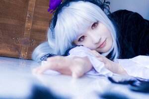 Rating: Safe Score: 0 Tags: 1girl bangs blurry blurry_foreground closed_mouth depth_of_field hairband indoors lips looking_at_viewer shirt smile solo stuffed_animal suigintou white_hair User: admin