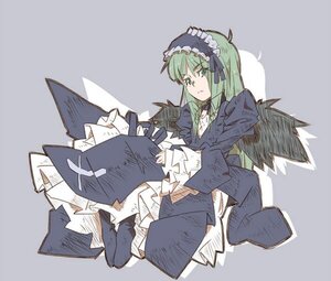 Rating: Safe Score: 0 Tags: 1girl bangs dress frills gothic_lolita green_eyes green_hair hairband image lolita_hairband long_hair long_sleeves simple_background solo striped suigintou wide_sleeves wings User: admin