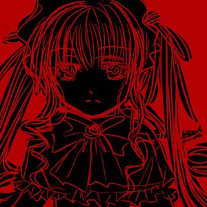 Rating: Safe Score: 0 Tags: 1girl bow image long_hair monochrome red_background red_theme ribbon shinku simple_background solo User: admin