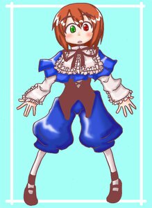 Rating: Safe Score: 0 Tags: 1girl :o blue_dress blush bow brown_hair capelet dress frills full_body green_eyes heterochromia image long_sleeves looking_at_viewer pants red_eyes shoes short_hair simple_background solo souseiseki standing white_legwear User: admin