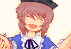 Rating: Safe Score: 0 Tags: 1girl :d ^_^ blue_dress brown_hair closed_eyes frills hat image open_mouth out_of_frame pov ribbon short_hair simple_background smile solo souseiseki upper_body User: admin