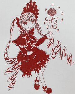 Rating: Safe Score: 0 Tags: 1girl bow dress drill_hair flower frills full_body image long_hair long_sleeves monochrome petals ribbon rose shinku solo twintails User: admin