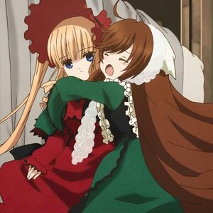 Rating: Safe Score: 0 Tags: 2girls blonde_hair blue_eyes bonnet brown_hair closed_eyes dress hat hug image long_hair long_sleeves multiple_girls open_mouth pair shinku suiseiseki very_long_hair User: admin